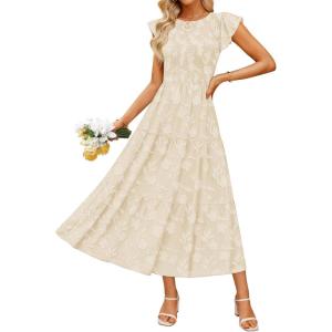 ZESICA Women’s Summer Boho Floral Midi Dress 2026 Casual Flutter Short Sleeve Crewneck Smocked Flowy Beach Long Dresses(Apricot)