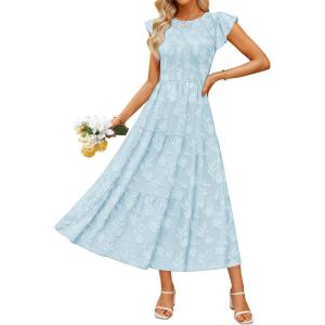 ZESICA Women’s Summer Boho Floral Midi Dress 2026 Casual Flutter Short Sleeve Crewneck Smocked Flowy Beach Long Dresses(Blue)