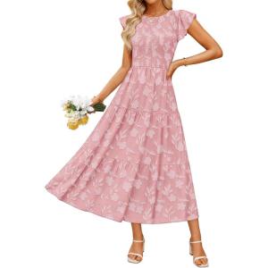 ZESICA Women’s Summer Boho Floral Midi Dress 2026 Casual Flutter Short Sleeve Crewneck Smocked Flowy Beach Long Dresses(Pink)