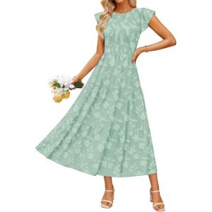 ZESICA Women’s Summer Boho Floral Midi Dress 2026 Casual Flutter Short Sleeve Crewneck Smocked Flowy Beach Long Dresses(Sage)