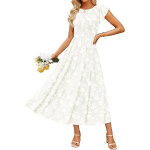 ZESICA Women’s Summer Boho Floral Midi Dress 2026 Casual Flutter Short Sleeve Crewneck Smocked Flowy Beach Long Dresses(White)