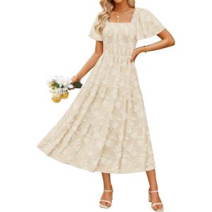 ZESICA Women‘s Summer Boho Floral Midi Dress 2026 Casual Short Sleeve Square Neck Flowy Beach Vacation Long Dress(Apricot)