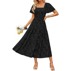 ZESICA Women‘s Summer Boho Floral Midi Dress 2026 Casual Short Sleeve Square Neck Flowy Beach Vacation Long Dress(Black)