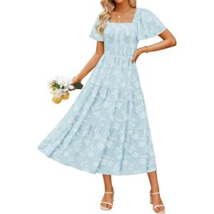ZESICA Women‘s Summer Boho Floral Midi Dress 2026 Casual Short Sleeve Square Neck Flowy Beach Vacation Long Dress(Blue)