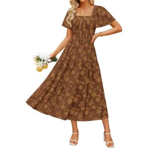 ZESICA Women‘s Summer Boho Floral Midi Dress 2026 Casual Short Sleeve Square Neck Flowy Beach Vacation Long Dress(Caramel)