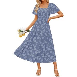ZESICA Women‘s Summer Boho Floral Midi Dress 2026 Casual Short Sleeve Square Neck Flowy Beach Vacation Long Dress(Dustyblue)