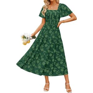 ZESICA Women‘s Summer Boho Floral Midi Dress 2026 Casual Short Sleeve Square Neck Flowy Beach Vacation Long Dress(Green)