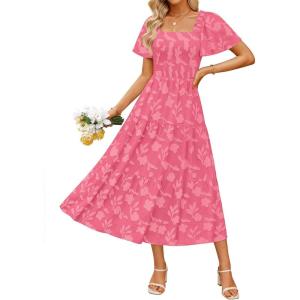 ZESICA Women‘s Summer Boho Floral Midi Dress 2026 Casual Short Sleeve Square Neck Flowy Beach Vacation Long Dress(Hotpink)
