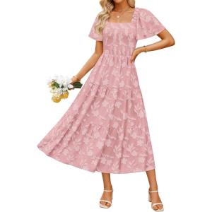 ZESICA Women‘s Summer Boho Floral Midi Dress 2026 Casual Short Sleeve Square Neck Flowy Beach Vacation Long Dress(Pink)