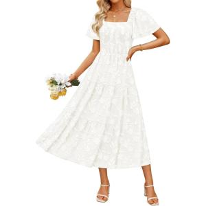 ZESICA Women‘s Summer Boho Floral Midi Dress 2026 Casual Short Sleeve Square Neck Flowy Beach Vacation Long Dress(White)
