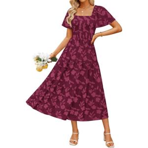 ZESICA Women‘s Summer Boho Floral Midi Dress 2026 Casual Short Sleeve Square Neck Flowy Beach Vacation Long Dress(Wine)