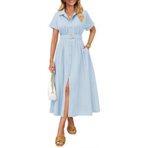 ZESICA Women’s Summer Button Down Midi Dress 2026 Short Sleeve A Line Belt Buiness Casual Shirt Dresses with Pockets(Lightblue)