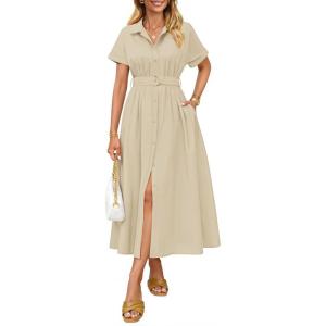 ZESICA Women’s Summer Button Down Midi Dress 2026 Short Sleeve A Line Belt Buiness Casual Shirt Dresses with Pockets(Natural)