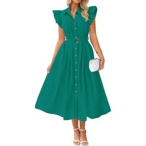 ZESICA Womens Summer Button Midi Dresses 2026 Flutter Short Sleeve Belted Business Casual Work Long Dresses with Pockets(Dark Green)