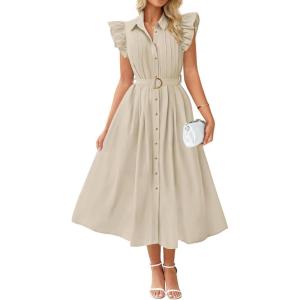 ZESICA Womens Summer Button Midi Dresses 2026 Flutter Short Sleeve Belted Business Casual Work Long Dresses with Pockets(Natural)