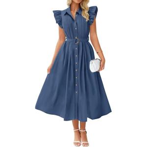 ZESICA Womens Summer Button Midi Dresses 2026 Flutter Short Sleeve Belted Business Casual Work Long Dresses with Pockets(Navy)