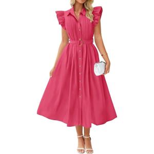 ZESICA Womens Summer Button Midi Dresses 2026 Flutter Short Sleeve Belted Business Casual Work Long Dresses with Pockets(Rose Pink)