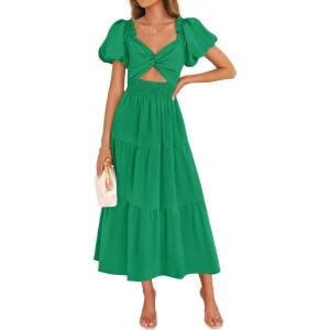 ZESICA Womens Summer Casual Flowy Vacation Maxi Dress 2026 Short Puff Sleeve A Line Smocked Cutout Beach Party Dresses(Green)