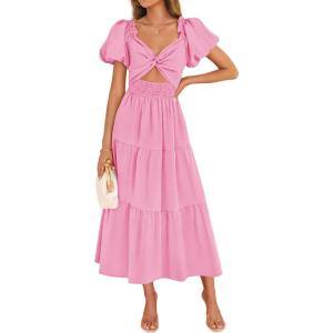 ZESICA Womens Summer Casual Flowy Vacation Maxi Dress 2026 Short Puff Sleeve A Line Smocked Cutout Beach Party Dresses(Hot Pink)
