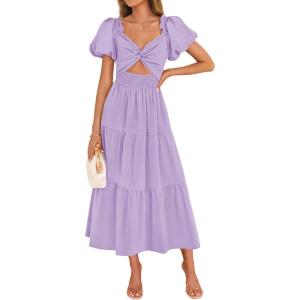 ZESICA Womens Summer Casual Flowy Vacation Maxi Dress 2026 Short Puff Sleeve A Line Smocked Cutout Beach Party Dresses(Purple)