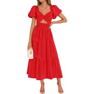 ZESICA Womens Summer Casual Flowy Vacation Maxi Dress 2026 Short Puff Sleeve A Line Smocked Cutout Beach Party Dresses(Red)