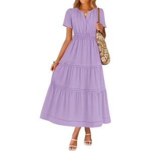 ZESICA Women’s Summer Casual Short Sleeve Midi Dresses 2026 V Neck Elastic Waist Tiered Flowy Boho Dress with Pocket