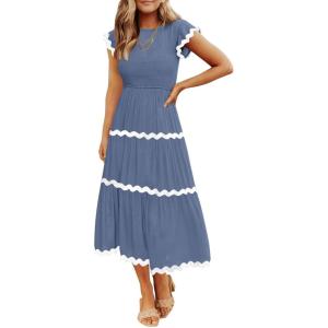 ZESICA Womens Summer Casual Smocked Midi Dress 2026 Flutter Short Sleeve High Waist Tiered Flowy Boho Vacation Dresses(Dusty Blue)