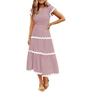 ZESICA Womens Summer Casual Smocked Midi Dress 2026 Flutter Short Sleeve High Waist Tiered Flowy Boho Vacation Dresses(Pink)