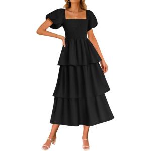 ZESICA Women’s Summer Puff Sleeve Midi Dress 2026 Casual Flowy A Line Tiered Wedding Guest Beach Vacation Long Dresses(Black)