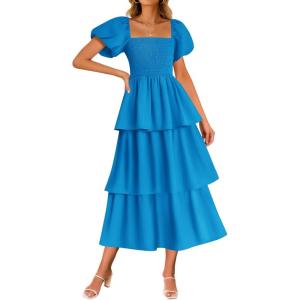 ZESICA Women’s Summer Puff Sleeve Midi Dress 2026 Casual Flowy A Line Tiered Wedding Guest Beach Vacation Long Dresses(Blue)