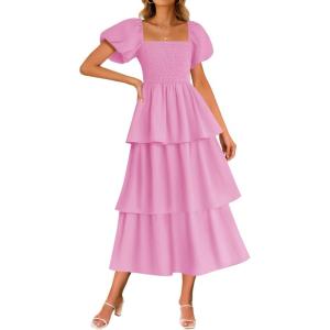 ZESICA Women’s Summer Puff Sleeve Midi Dress 2026 Casual Flowy A Line Tiered Wedding Guest Beach Vacation Long Dresses(Pink)