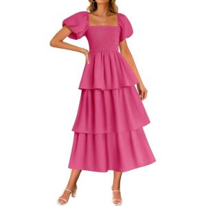 ZESICA Women’s Summer Puff Sleeve Midi Dress 2026 Casual Flowy A Line Tiered Wedding Guest Beach Vacation Long Dresses(Rose)