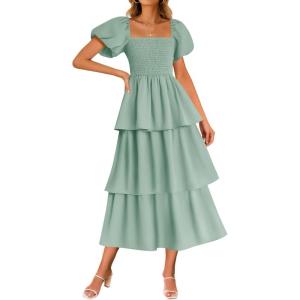 ZESICA Women’s Summer Puff Sleeve Midi Dress 2026 Casual Flowy A Line Tiered Wedding Guest Beach Vacation Long Dresses(Sage)