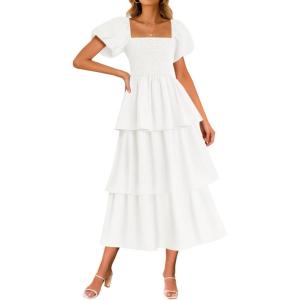 ZESICA Women’s Summer Puff Sleeve Midi Dress 2026 Casual Flowy A Line Tiered Wedding Guest Beach Vacation Long Dresses(White)