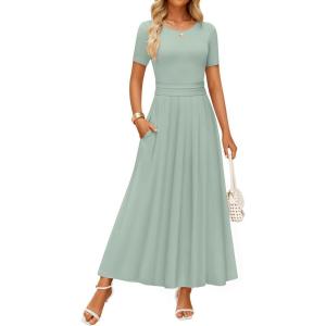 ZESICA Women’s Summer Short Sleeve Maxi Dress 2026 Casual Crewneck Pleated A Line Flowy Long Dresses with Pockets(Green)
