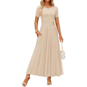 ZESICA Women’s Summer Short Sleeve Maxi Dress 2026 Casual Crewneck Pleated A Line Flowy Long Dresses with Pockets(Sandy)
