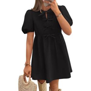 ZESICA Women’s Summer Short Sleeve Tie Front Mini Dress Cute Babydoll Ruffle Pleated A Line Tunic Dresses(Black)