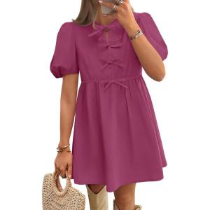 ZESICA Women’s Summer Short Sleeve Tie Front Mini Dress Cute Babydoll Ruffle Pleated A Line Tunic Dresses(Eggplant)