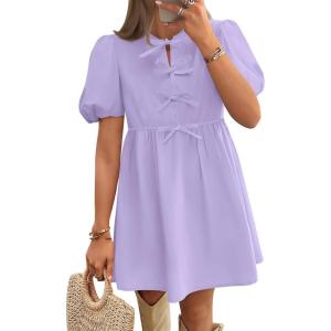 ZESICA Women’s Summer Short Sleeve Tie Front Mini Dress Cute Babydoll Ruffle Pleated A Line Tunic Dresses(Lightpurple)