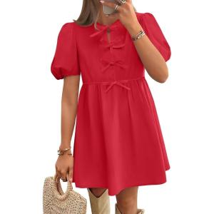 ZESICA Women’s Summer Short Sleeve Tie Front Mini Dress Cute Babydoll Ruffle Pleated A Line Tunic Dresses(Red)
