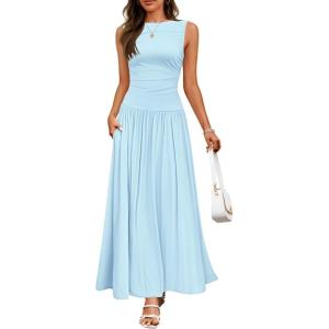 ZESICA Women’s Summer Sleeveless Maxi Dress 2026 Casual Crewneck Pleated Flowy Long Dress with Pockets(Blue)