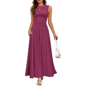 ZESICA Women’s Summer Sleeveless Maxi Dress 2026 Casual Crewneck Pleated Flowy Long Dress with Pockets(Plum)