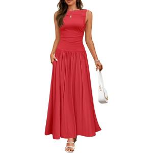 ZESICA Women’s Summer Sleeveless Maxi Dress 2026 Casual Crewneck Pleated Flowy Long Dress with Pockets(Red)