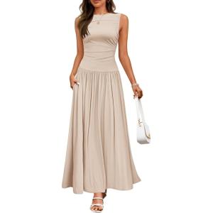 ZESICA Women’s Summer Sleeveless Maxi Dress 2026 Casual Crewneck Pleated Flowy Long Dress with Pockets(Sand)