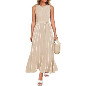 ZESICA Women’s Summer Sleeveless Maxi Dress 2026 Crewneck Ribbed Knit Tie Waist Casual A Line Sweater Dresses(Apricot)