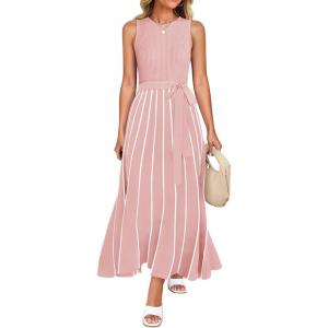 ZESICA Women’s Summer Sleeveless Maxi Dress 2026 Crewneck Ribbed Knit Tie Waist Casual A Line Sweater Dresses(Dustypink)