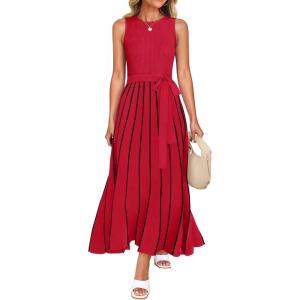 ZESICA Women’s Summer Sleeveless Maxi Dress 2026 Crewneck Ribbed Knit Tie Waist Casual A Line Sweater Dresses(Red)