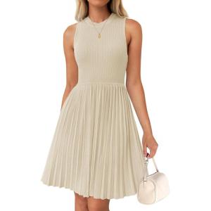ZESICA Women’s Summer Sleeveless Mini Dress 2026 Crewneck Knit A Line Pleated Swing Casual Basic Short Dress(Almond)