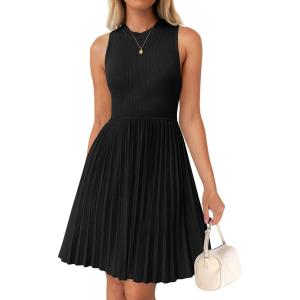 ZESICA Women’s Summer Sleeveless Mini Dress 2026 Crewneck Knit A Line Pleated Swing Casual Basic Short Dress(Black)