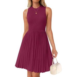 ZESICA Women’s Summer Sleeveless Mini Dress 2026 Crewneck Knit A Line Pleated Swing Casual Basic Short Dress(Eggplant)